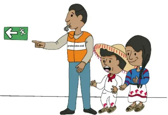 Ilustración de un elemento de Protección Civil (chaleco naranja y silbato) señalando con el dedo una señal verde de salida de emergencia, junto a dos niñas que lo observan. Crédito: Luis Antonio Moreno Aguayo, NAYARIT.