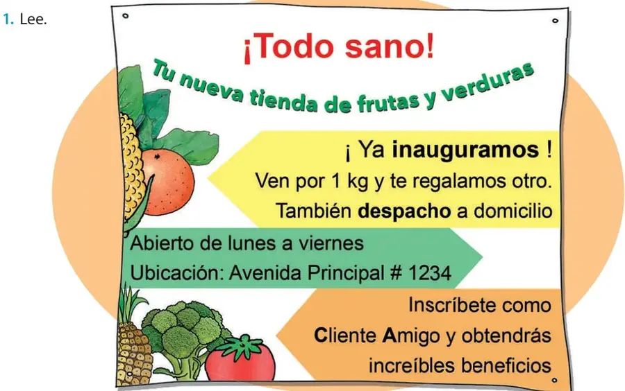 Afiche publicitario «¡Todo sano!» con ilustraciones de piña, naranja, brócoli y tomate; contiene franjas amarilla, verde y naranja con la promoción, el horario, la dirección y la invitación a ser Cliente Amigo.