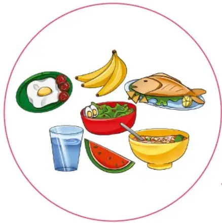 Círculo azul con dibujos de hamburguesa, pastel, hot dog, refresco, helado, dona, paleta y galleta (alimentos con grasas o azúcar).