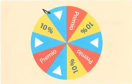Ruleta circular dividida en sectores iguales con secciones de premio, descuento del 10% y triángulos.