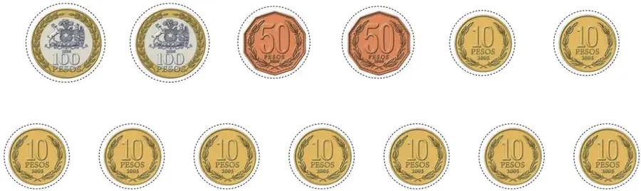 Dos monedas doradas de $100, dos monedas cobrizas de $50 y dos monedas doradas de $10, cada una con borde punteado para recortar.
