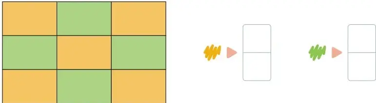 Cuadrícula de 3 x 3 celdas con colores alternados amarillo/anaranjado y verde, junto a dos recuadros en blanco para escribir las fracciones.