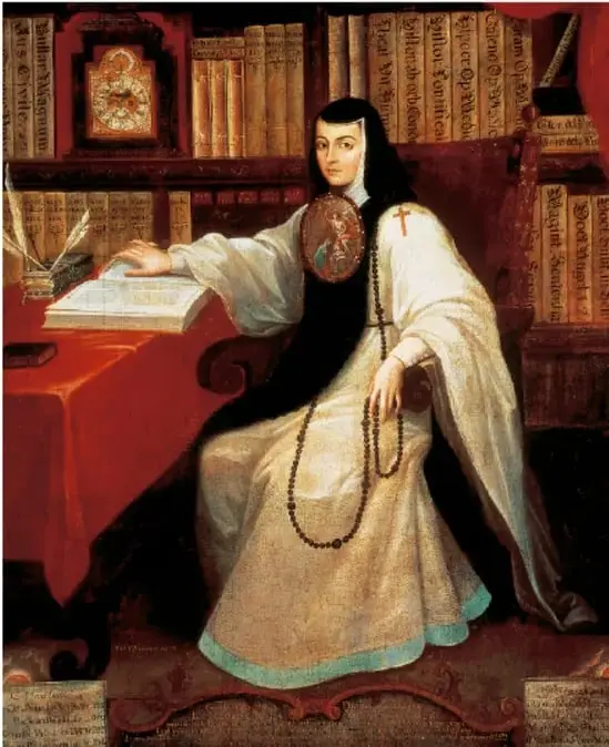 Retrato al óleo de Sor Juana Inés de la Cruz de pie junto a una mesa con libros, en hábito de monja jerónima, ante una estantería de volúmenes; portada del poema.