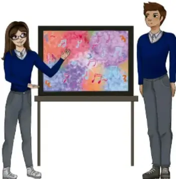 Dos estudiantes, una femenina y un masculino, de uniforme escolar azul, junto a un caballete con un cartel de colores con notas musicales; crédito: Ariadna Valencia Ortega, Ciudad de México.