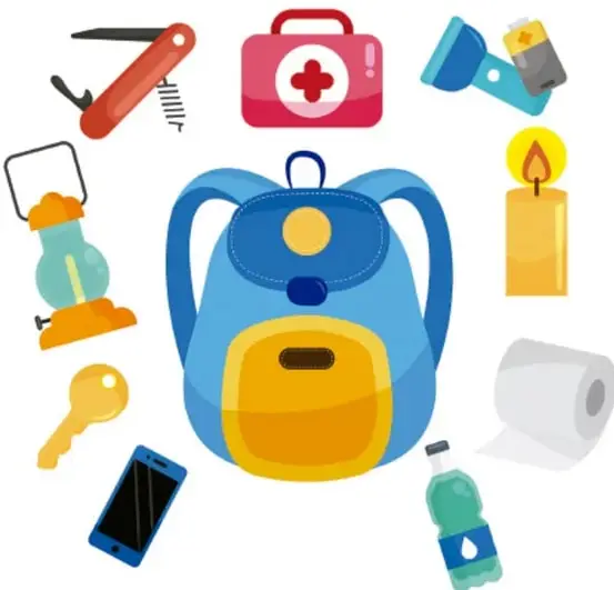 Ilustración de una mochila azul con amarillo rodeada por implementos de emergencia: botiquín, navaja, linterna, cerillos, llave, celular, botella de agua, papel higiénico y vela.