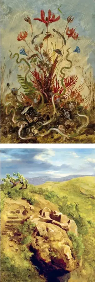 Pintura de Velasco con flora y fauna marina del periodo Paleozoico: corales, serpientes, peces y plantas acuáticas en tonos rojos, verdes y ocres.