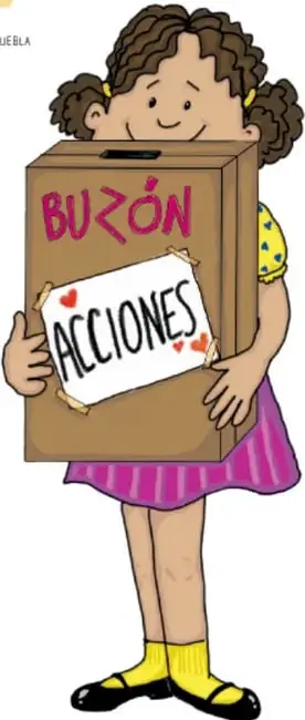Ilustración de una niña sosteniendo el buzón hecho con una caja de zapatos, rotulado "BUZÓN" y "ACCIONES".