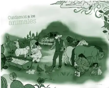 Ilustración del recurso 'Cuidamos a los animales': personas del campo alimentando y cuidando a animales (borregos, caballo, aves) cerca de un arrollo de agua y cactus, en tonos verdes.