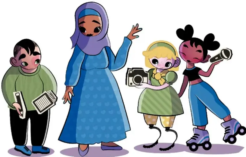 Ilustración de cuatro personajes infantiles diversos: un niño con cuaderno, una mujer con hiyab, una niña con cámara fotográfica y una niña con patines y megáfono. Crédito: Esperanza Mendoza Bravo, Puebla.