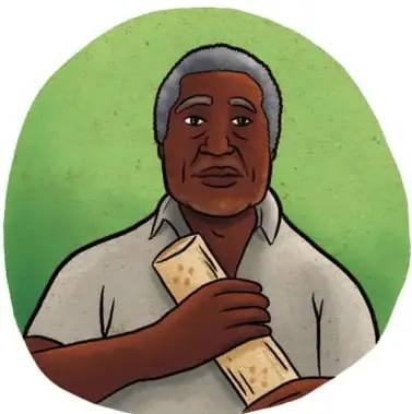 Retrato de José Mora, hombre afroecuatoriano canoso sosteniendo un objeto de madera, con leyenda 'José Mora es un arrullador de Tonchigüe'.