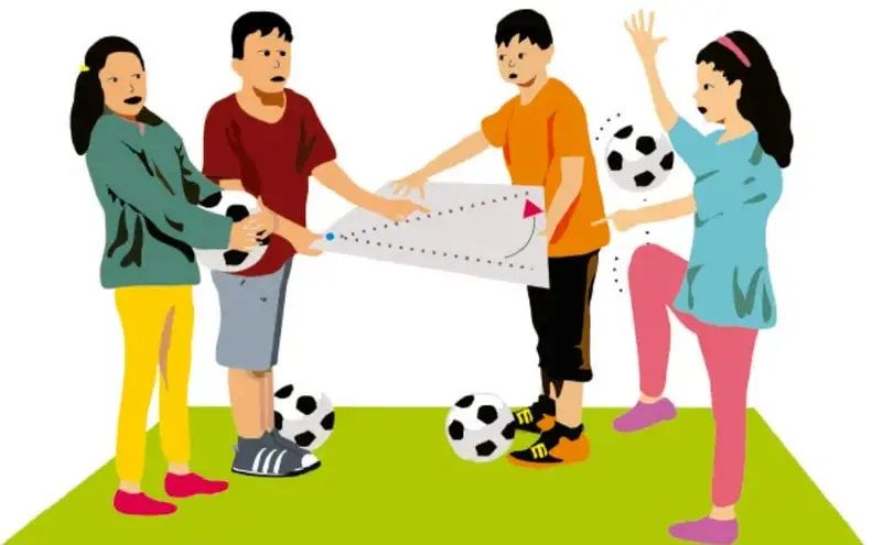 Ilustración de cuatro estudiantes sobre un campo verde revisando un plano con balones de fútbol; crédito: Diego Gutiérrez Vega, Tlaxtala.