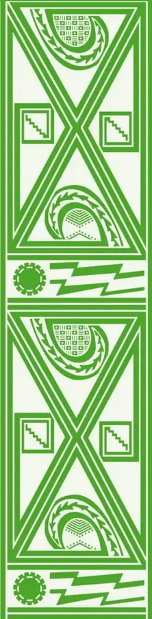 Franja vertical verde con un patrón geométrico indígena que se repite: cruces en X, triángulos, círculos con haces de flechas, escalones en cuadros pequeños, un sol y rayos tipo rayo.