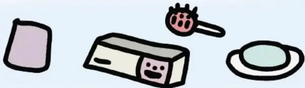 Ilustraciones de productos de higiene menstrual: toallas, caja, copa menstrual y otros artículos.