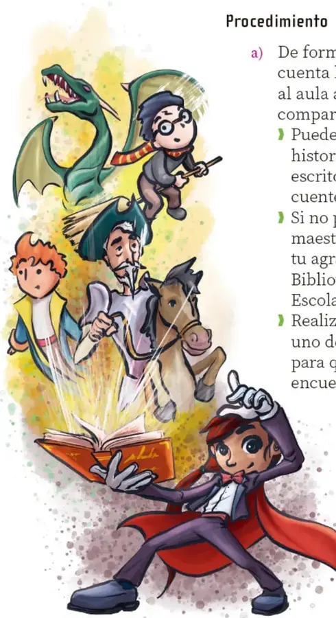 Ilustración a color con personajes de cuentos volando alrededor de un libro abierto brillante: un dragón verde, un niño con lentes y bufeta a rayas montado en una escoba, un caballero con lanza sobre un caballo, un niño pelirrojo y un mago con capa roja leyendo; al pie, crédito de Gerardo Miguel Camacho Marín, Estado de México.