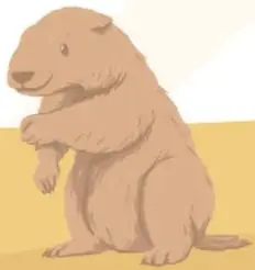 Ilustración de un perrito de la pradera de pelaje café, de pie sobre sus patas traseras sobre un terreno amarillo con hierbas.