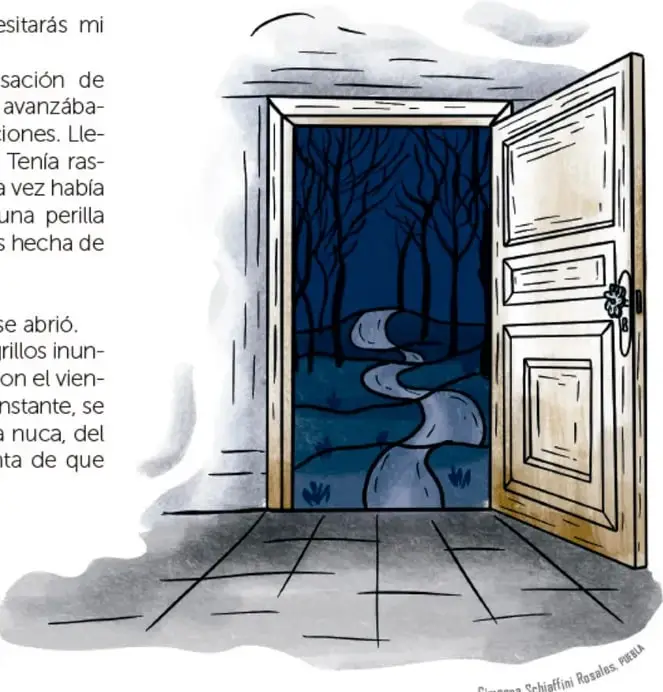 Ilustración de una puerta abierta que conduce a un bosque nocturno con un sendero azul. La puerta tiene una perilla en forma de flor de ocho pétalos. Al pie, crédito: 'Gimena Schaffino Rosales'.