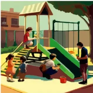 Niños y niñas jugando en un parque con juegos infantiles y una resbaladilla.