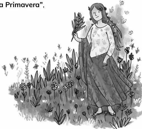 Ilustración en blanco y negro de una mujer joven con vestido largo, sosteniendo ramas, rodeada de flores y plantas.