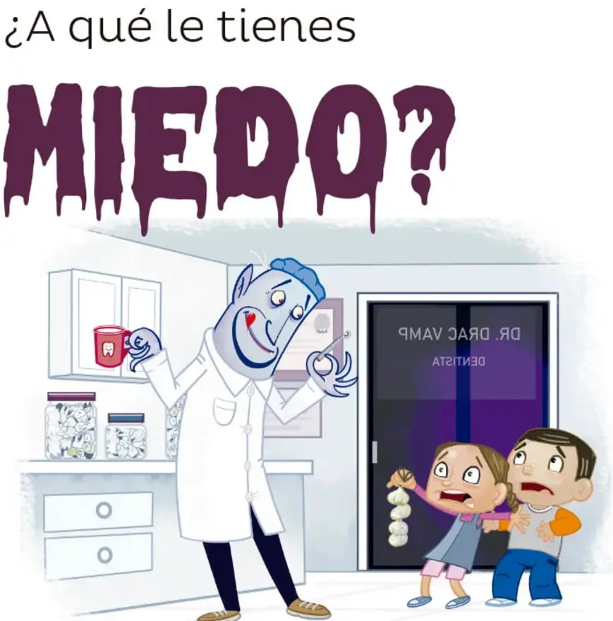 Ilustración humorística: un dentista vampiro de piel azul clara y cabello azul, con bata blanca, sostiene una taza roja con un diente y un instrumento dental; detrás hay frascos con dientes. En el vidrio del consultorio se refleja al revés 'DENTISTA DR. CARVAJAL'. Dos niños asustados (una niña con trenzas que levanta un ajo y un niño detrás de ella) huyen del consultorio.
