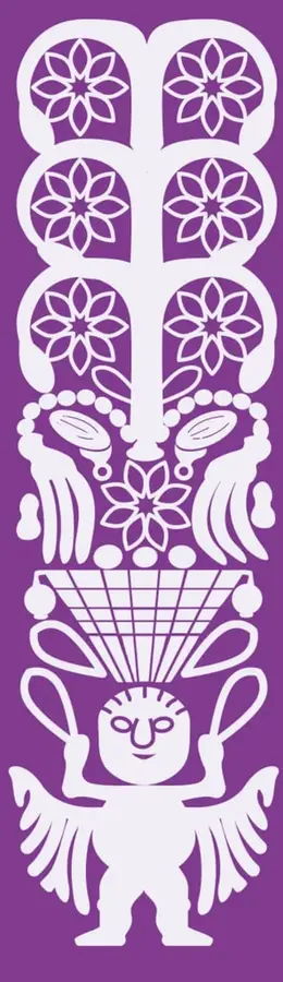 Ilustración decorativa en color morado con motivos florales y una figura humana estilizada de arte popular mexicano (inspirada en el arte huichol), que acompaña el tema de salud.