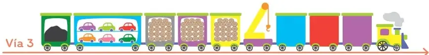 Tren con locomotora a la derecha y ocho vagones a la izquierda, incluida una grúa.