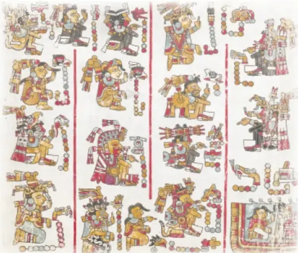 Ilustración de un códice mixteca con personajes, glifos y signos calendáricos en colores rojo, amarillo y ocre.
