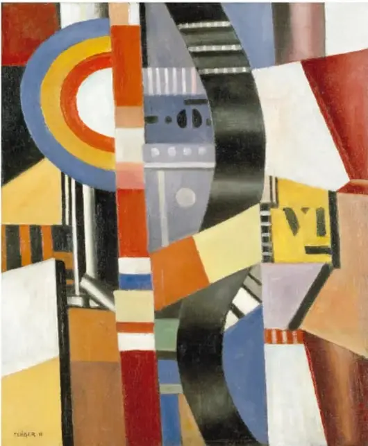 Reproducción de El disco (1918) de Fernand Léger: gran disco central rodeado de formas geométricas en rojo, amarillo, azul y negro.