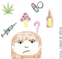 Ilustración de una niña con expresión preocupada rodeada de símbolos de sustancias: hoja de cannabis, jeringa, píldoras, copa de alcohol, frasco de droga y un signo de interrogación.