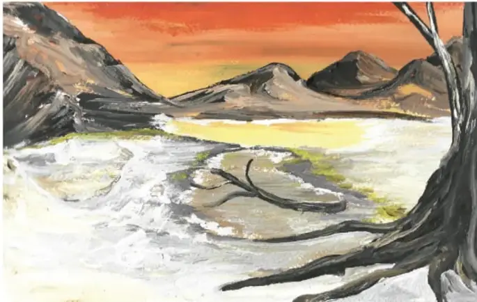Pintura de un lecho de río o lago seco y agrietado, con un árbol seco al frente y montañas bajo un cielo anaranjado, que sugiere sequía o calor extremo; firma: Abdón Pinedo García, Zacatecas.