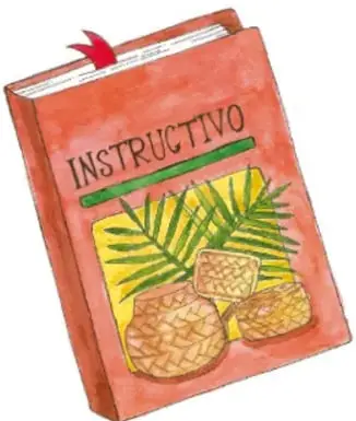 Ilustración de un libro de tapa roja con el título INSTRUCTIVO y adornos vegetales.