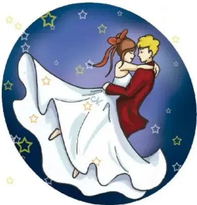 Ilustración circular de una pareja bailando entre nubes y estrellas, que representa el mito del Sol y la Luna como enamorados. Crédito: Isis Natali Solano Ortiz, Oaxaca.