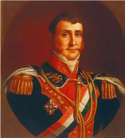 Retrato de Agustín de Iturbide con uniforme militar de gala, banda tricolor y condecoraciones.