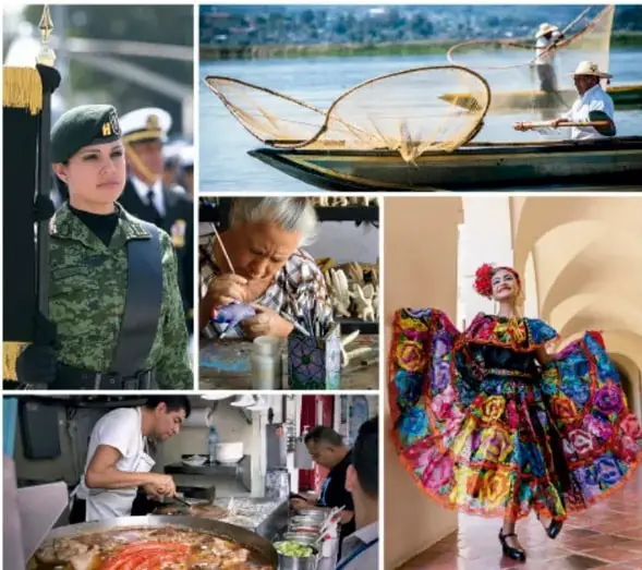 Collage de fotos que muestran distintos oficios y actividades: personal militar, pescador con red, artesana tejiendo, cocinero preparando comida y bailarina con traje folclórico, ilustrando oficios y profesiones posibles.