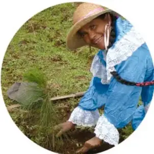 Mujer indígena con sombrero y ropa tradicional trabajando la tierra con una herramienta de mano.