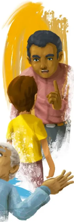 Un abuelo de piel morena, camisa rosa, conversa con un niño de espaldas con playera amarilla y señala con el dedo índice, en actitud de explicar.