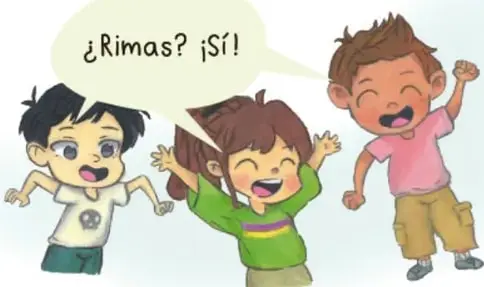 Ilustración de tres niños riendo y jugando, uno con una burbuja de diálogo que dice "¿Rimas? ¡Sí!".