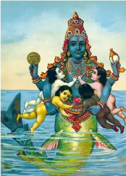 Ilustración del mito hinduista del batido del océano: la deidad Vishnu (de piel azul, con corona y adornos) sobre el monte Mandara que gira en el océano, con los dioses y demonios tirando de la serpiente Vasuki, sobre una tortuga sumergida.