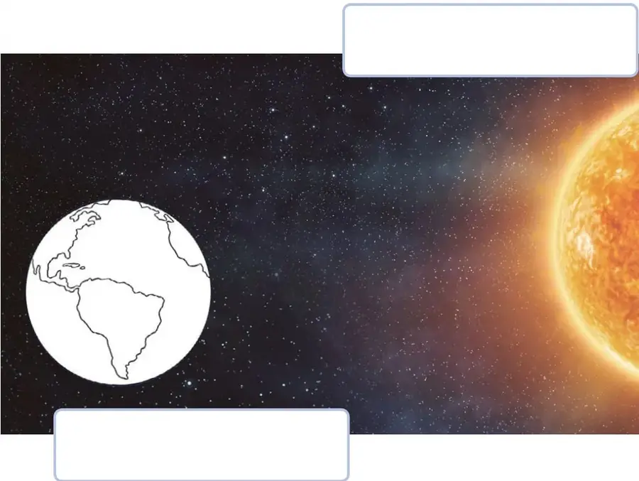 Ilustración espacial con el Sol radiante de color naranja a la derecha y el globo terráqueo dibujado en blanco y negro a la izquierda, mostrando los continentes (se reconoce América del Sur).