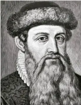 Retrato de Johannes Gutenberg con gorro y barba, grabado en blanco y negro.