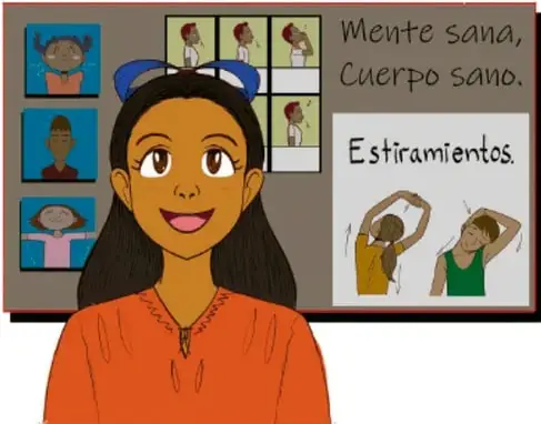 Ilustración de Daniela, una niña de cabello largo con blusa naranja, frente a un periódico mural titulado 'Mente sana, cuerpo sano' con dibujos de niños haciendo estiramientos y la palabra 'Estiramientos'.