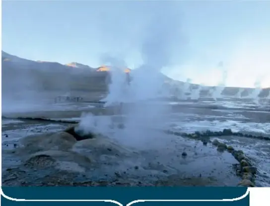 Campo geotérmico con vapor de agua saliendo del suelo.