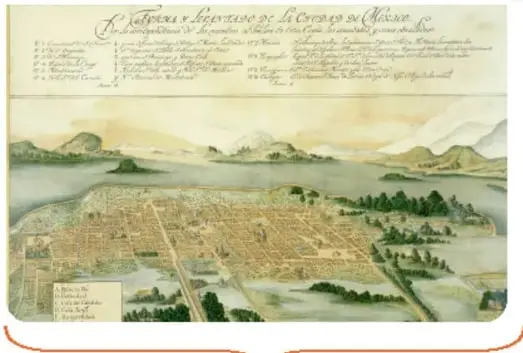 Plano de la ciudad virreinal de México al finalizar el primer tercio del siglo XVII.