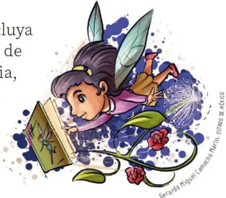 Niña-hada con alas y cabello oscuro lee un libro verde rodeada de salpicaduras azul-violeta, hojas y rosas rojas.