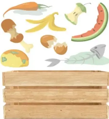 Ilustración de residuos orgánicos vegetales: cáscaras de plátano, sandía, hongos, zanahoria, restos de pescado y pan.