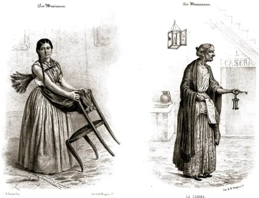 Dos litografías de Hesiquio Iriarte (1854): a la izquierda "La recamarera", una joven sirvienta de pie junto a una silla con una escoba en el suelo; a la derecha "La casera", una mujer mayor con un manojo de llaves frente a un letrero que dice CASERA, junto a una escalera.