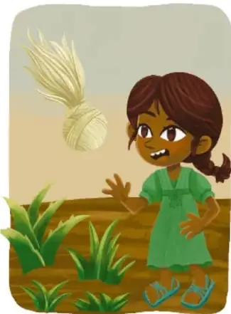 Niña de vestido verde y sandalias jugando con un pito o trompo de paja en un campo de tierra con matorrales; firmado Armando Amezcua Mora, Guanajuato.