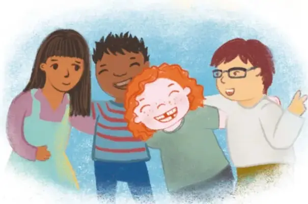 Ilustración de cuatro niñas y niños abrazados y sonriendo, con distintos tonos de piel y cabellos (pelirrojo, negro, castaño, rubio), uno con lentes. Ilustración de Debbie Vreeve Laguna, BA en California.
