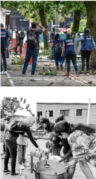 Personas con chalecos que dicen 'DECISIONES' participando en una actividad comunitaria al aire libre.