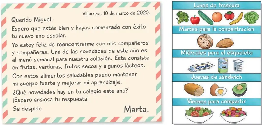 Menú semanal ilustrado: lunes frutas y verduras, martes frutos secos, miércoles lácteos, jueves sándwich, viernes ensaladas para compartir.