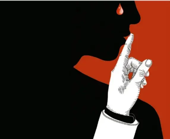 Ilustración de una silueta de perfil con un dedo en los labios en gesto de silencio, sobre fondo rojo y negro, con una gota roja sobre la cabeza, sugiriendo violencia callada.